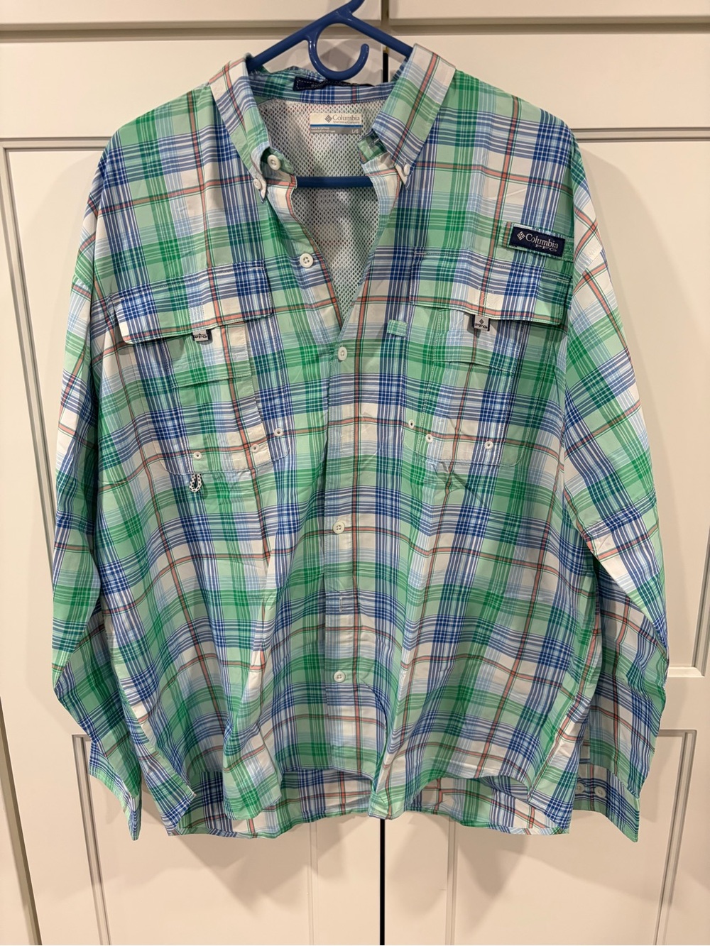 Columbia Men's Green and Blue Plaid Button-Down Shirt